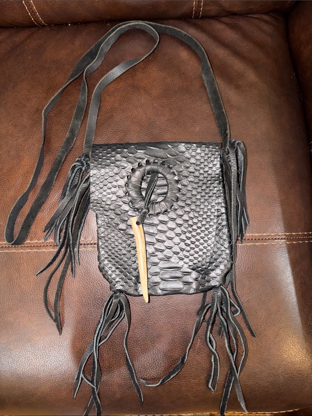 Black Textured Fringe Crossbody Bag with Toggle Closure